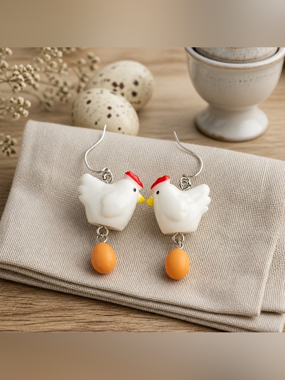 White Chicken Dangle Earrings with Egg Charms - hypoallergenic hooks